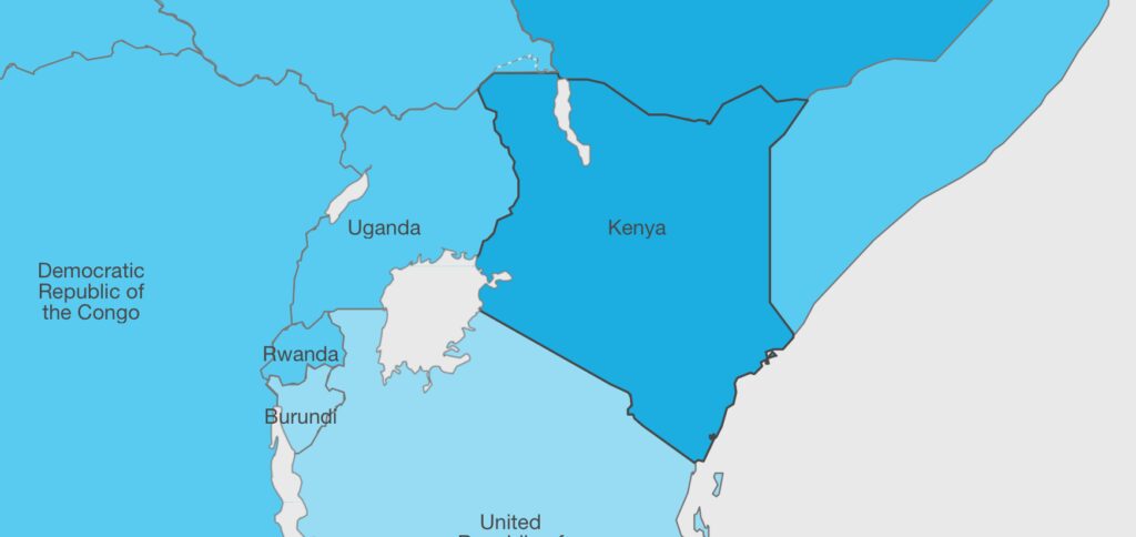 Eingefärbte Landkarte von Ostafrika welche zeigt, dass Kenia stark von Corona betroffen ist.